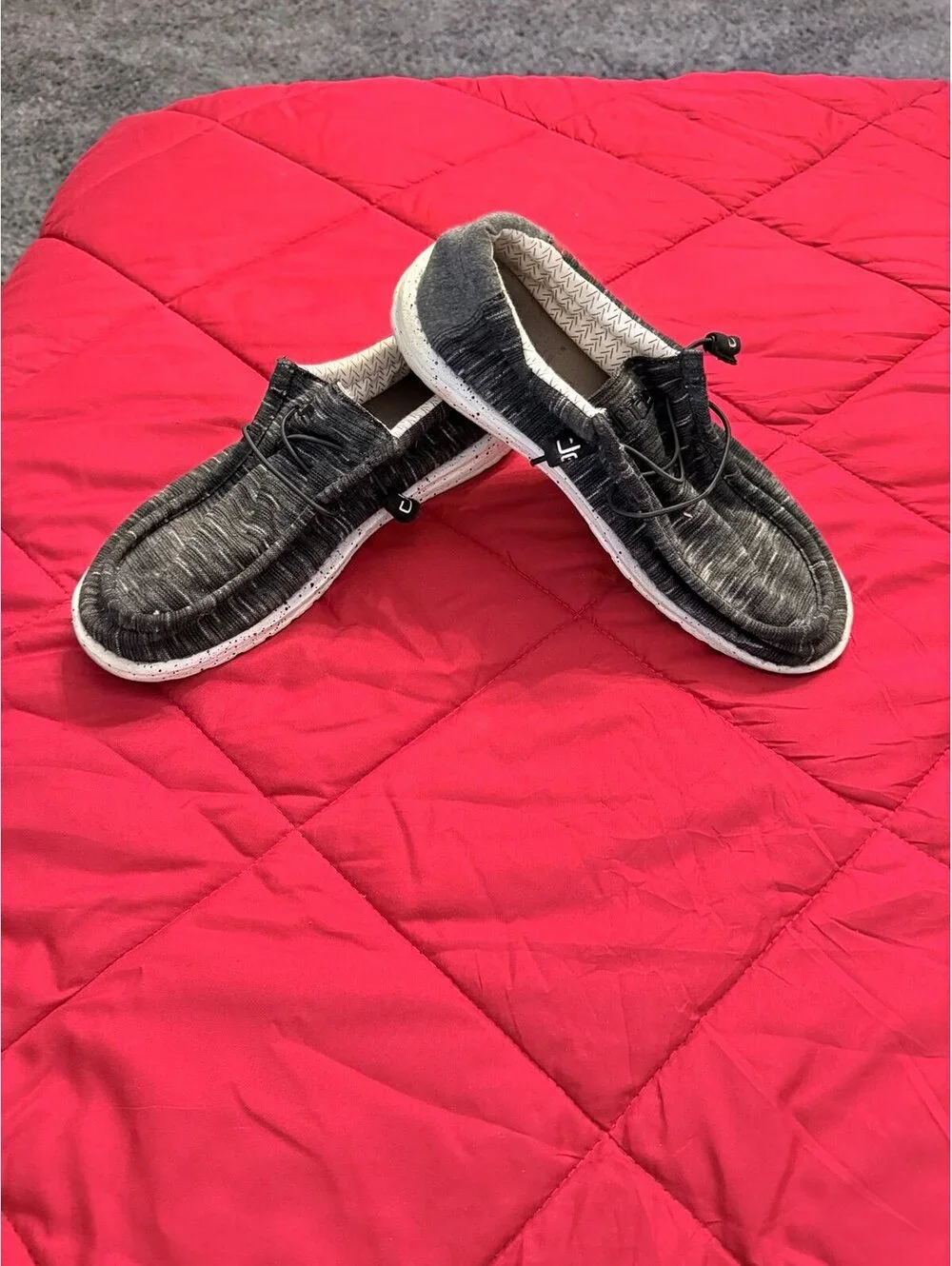 HEYDUDE Wally Black Gray Knit Slip-On Loafers Flex & Fold Comfort Shoes
